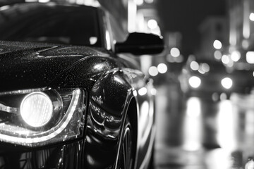 A black and white photo of a car in the rain. Perfect for automotive, weather, or transportation...