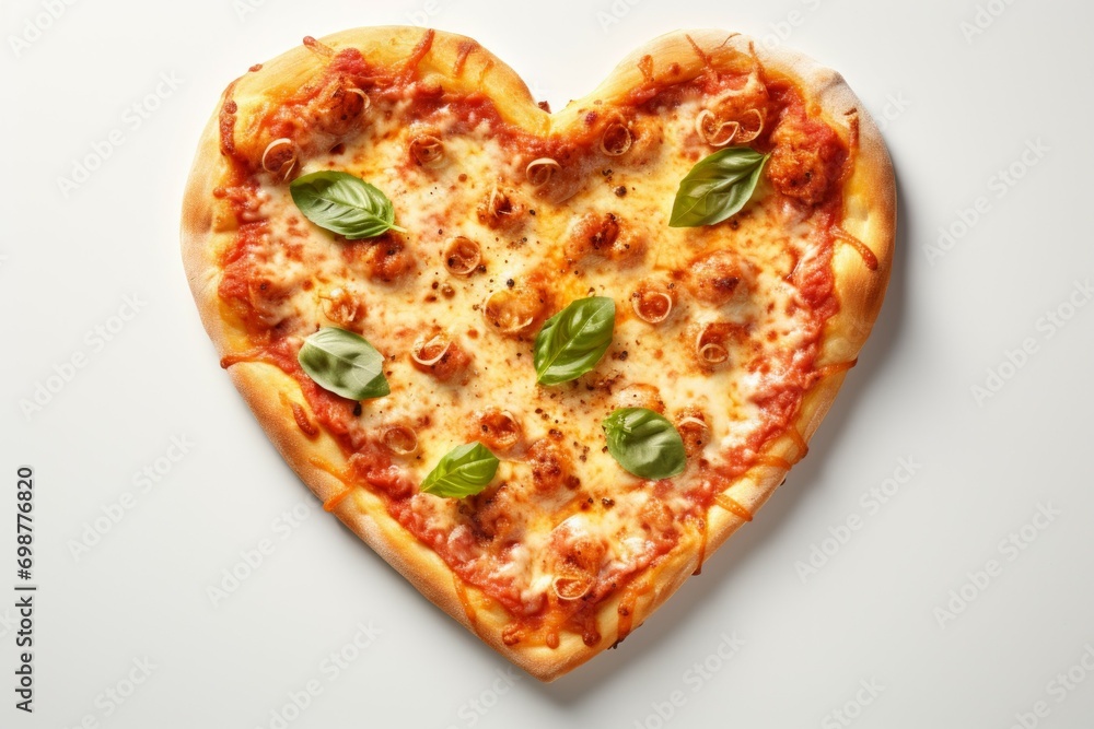 Poster pizza in the shape of a heart. background with selective focus and copy space