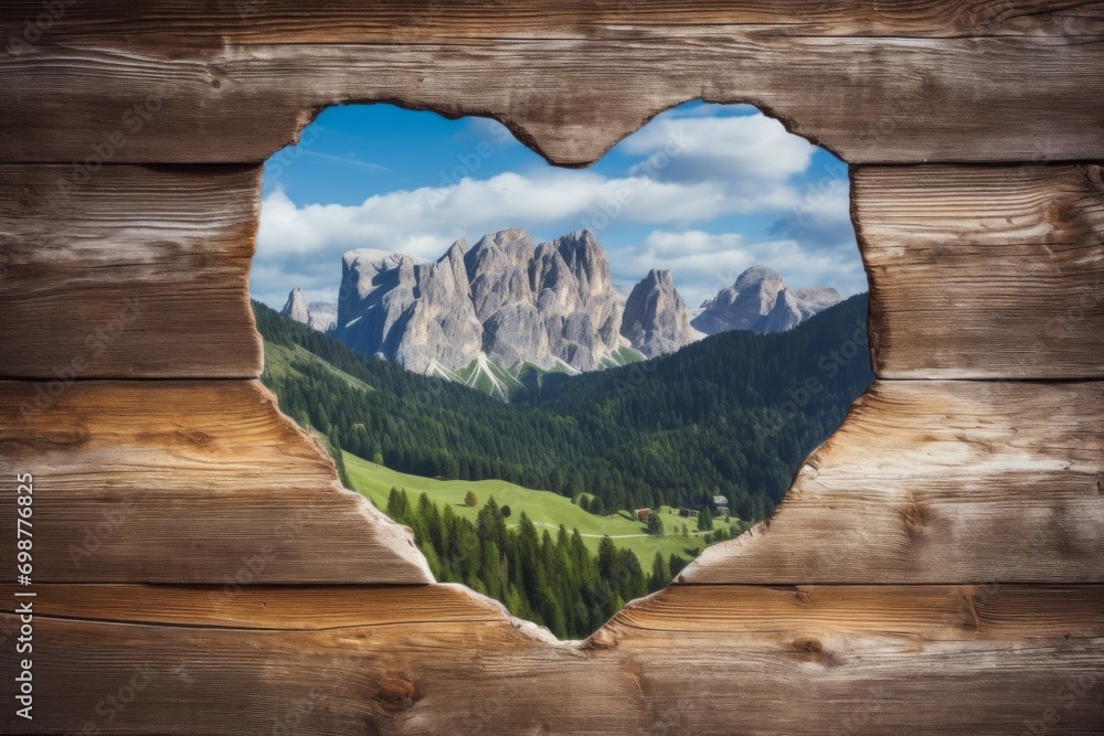 Poster hole in a wooden fence in the shape of a heart with a view of the mountains, framing. background wit
