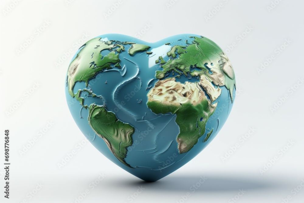 Poster planet earth in the shape of a heart with selective focus and copy space