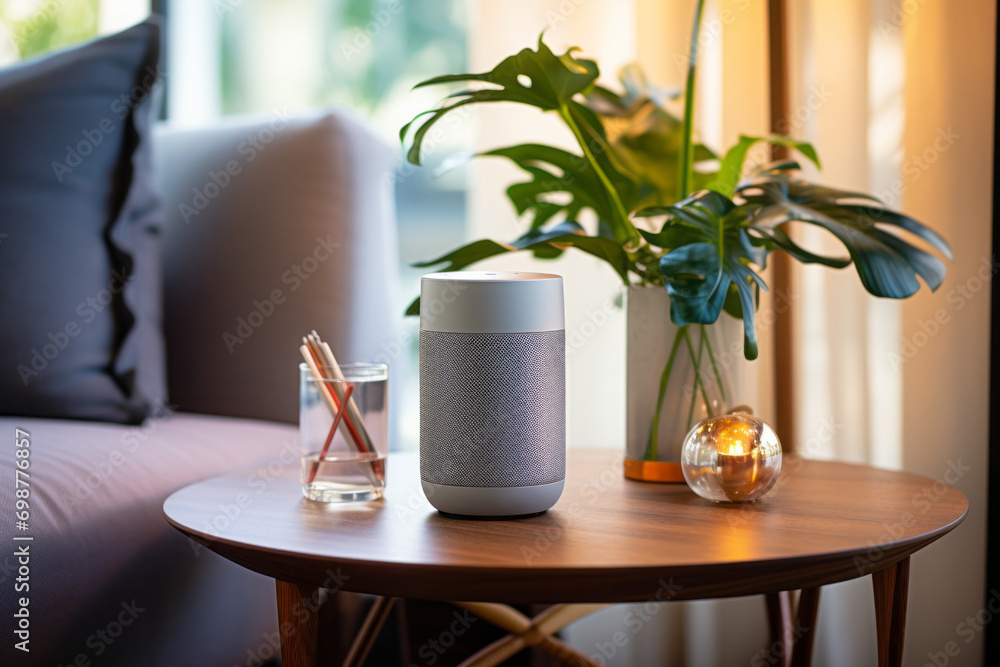 Poster smart speaker. background with selective focus and copy space