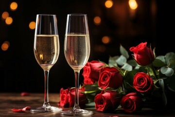 Champagne in the romantic atmosphere of lovers. Background with selective focus and copy space