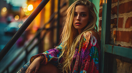 Blonde woman rocking a vibrant urban look on a fire escape, during the early evening.
