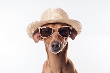 Dog wearing cool glasses and straw hat in summer clothes.