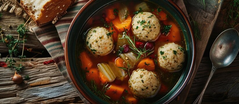 Homemade Jewish soup with tasty matzo balls and vegetables.