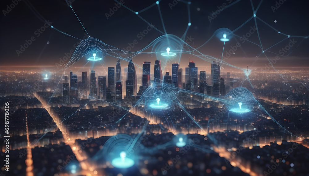 Poster modern city with wireless network connection and city scape concept.wireless network and connection 