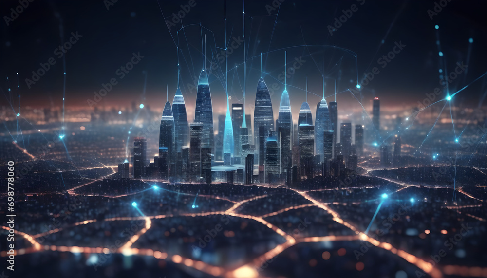 Poster modern city with wireless network connection and city scape concept.wireless network and connection 