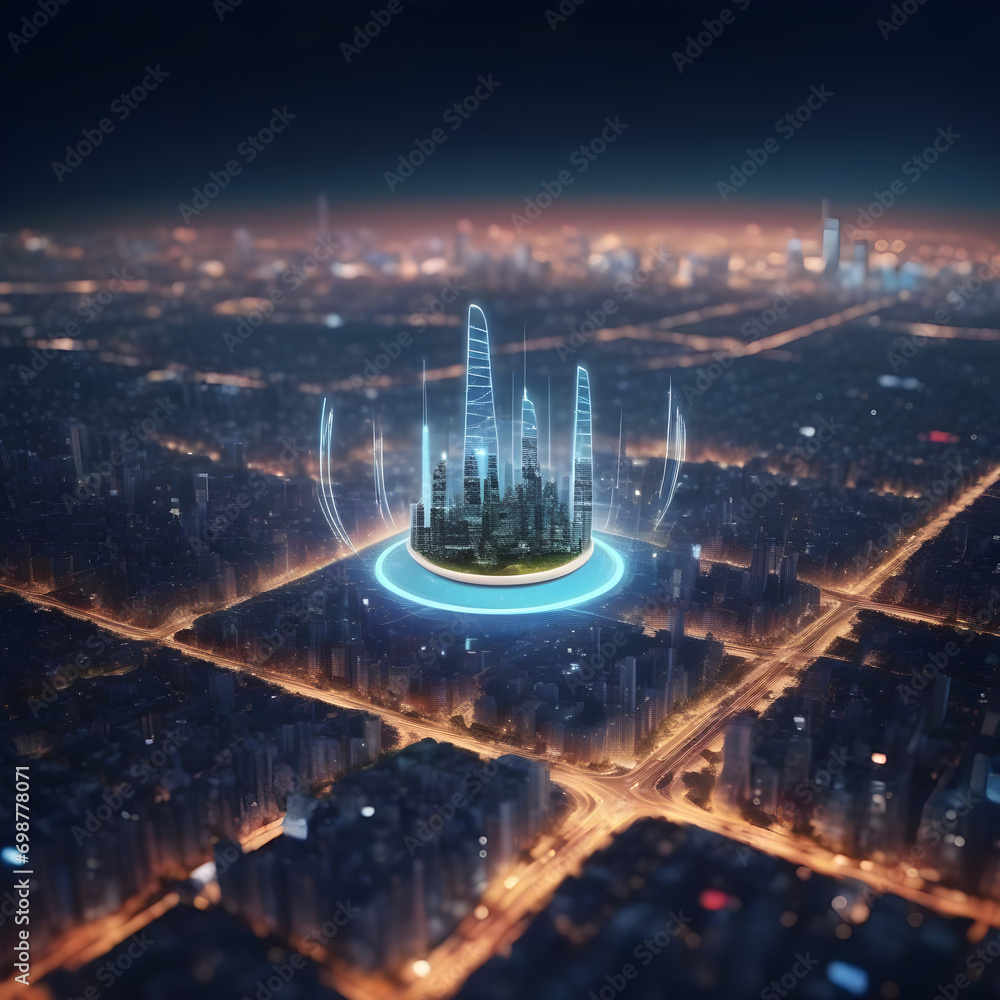 Poster modern city with wireless network connection and city scape concept.wireless network and connection 