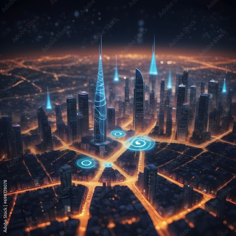 Aufkleber modern city with wireless network connection and city scape concept.wireless network and connection 
