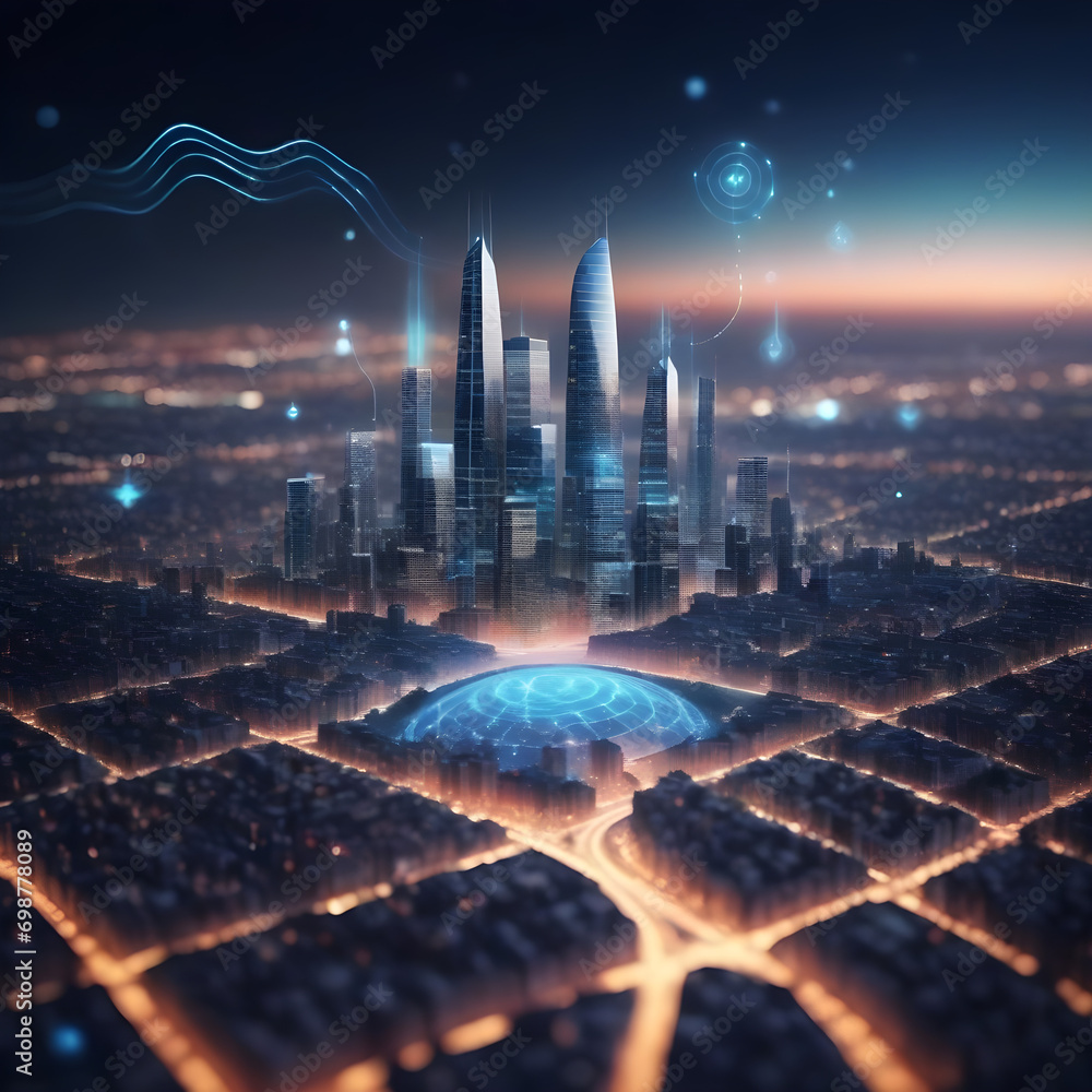Poster modern city with wireless network connection and city scape concept.wireless network and connection 