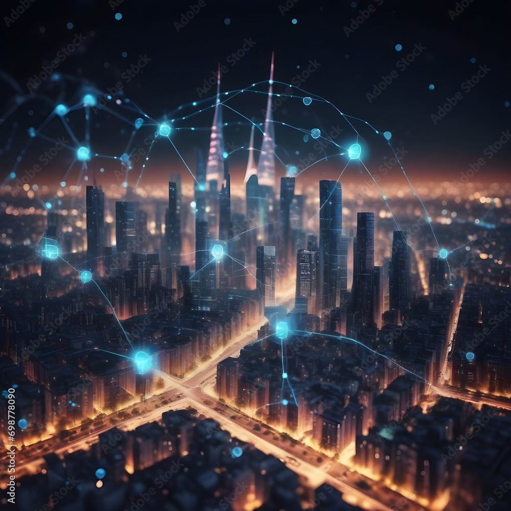 Poster modern city with wireless network connection and city scape concept.wireless network and connection 
