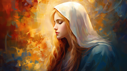 Virgin Mary blessed mother impressionism red hair white veil colorful 