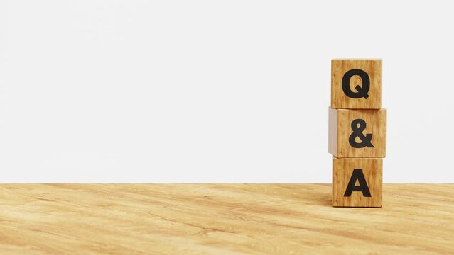 Ask, schedule, meeting, FAQ, chat, business planning concept. Questions and answers. Q & A on wooden cubes with copy space. 4k 3d animation