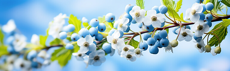 Branch of a blossoming tree with blue berries on a blue sky background