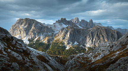 Fototapeta na wymiar Stunning Italian Dolomites in vibrant colors. Picturesque Alpine mountain range at summer time. 