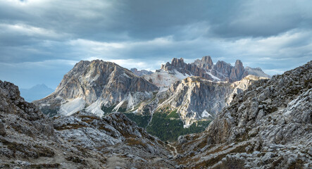 Stunning Italian Dolomites in vibrant colors.  Picturesque  Alpine mountain range at summer time.  