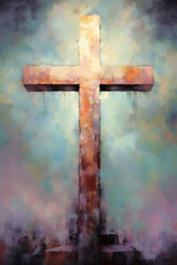 Abstract watercolor painting of a Christian cross with vibrant pastel colors
