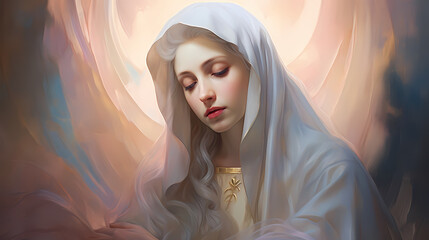 Realistic blessed Mother Mary white robe pastel background color portrait