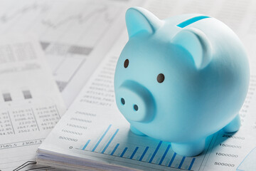 Moneybox for money on the background of documents and financial charts. Investment and capital accumulation concept