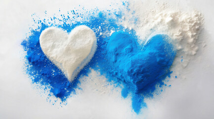 Białe i niebieskie serce z pudru, abstrakcja na Walentynki. Generative AI - obrazy, fototapety, plakaty