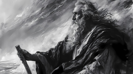 Moses with staff red sea black and white charcoal drawing biblical art