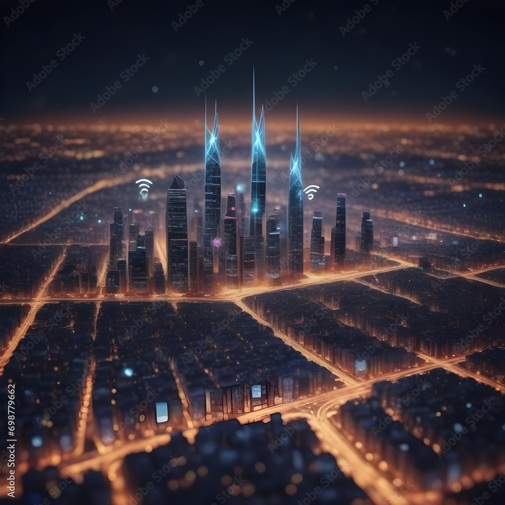 Poster modern city with wireless network connection and city scape concept.wireless network and connection 