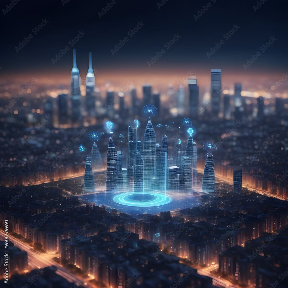 Aufkleber modern city with wireless network connection and city scape concept.wireless network and connection 
