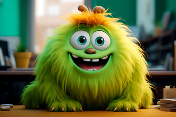 Friendly Administrative Assistant. Smiling green furry monster Office worker person sitting at desk.  Cute greeting card for Manager's Day, Economist's Day.