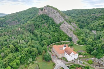 Aerial view of Svaty Jan pod Skalou monastery and village,Bohemia, Czech Republic,Europe
