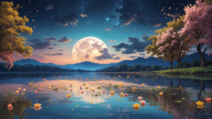 Fototapeta na wymiar Moonrise over the lake