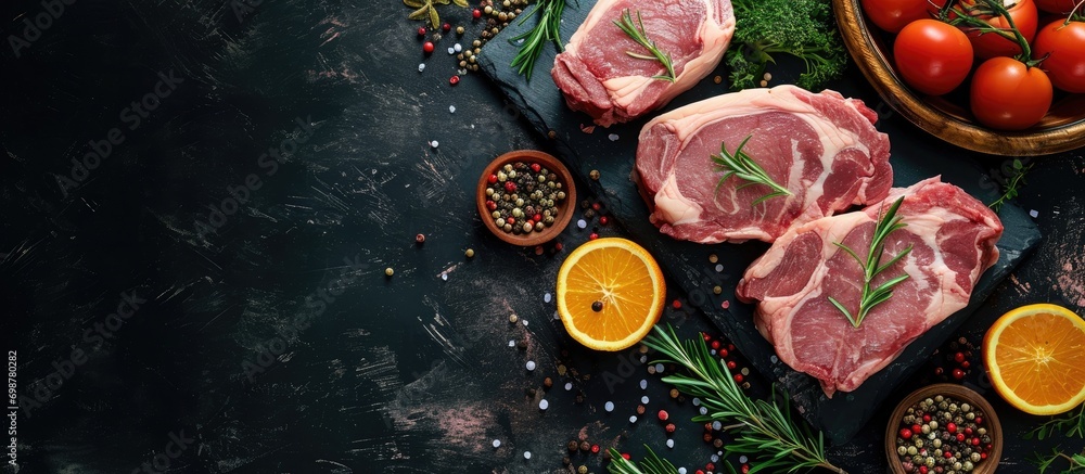 Wall mural raw pork with spices on black table, top view with space for text.