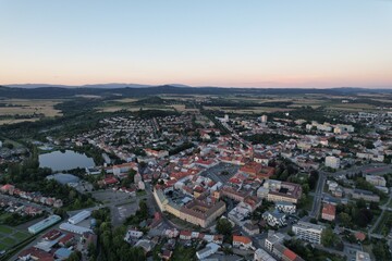 defaultJicin and its historical city center buildings and town tower of fortification walls system and cathedral aerial panorama landscape view,Bohemia,Czech republic