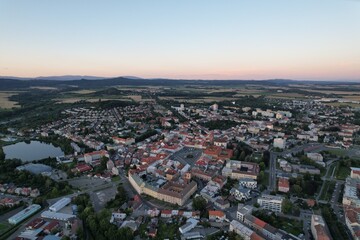 defaultJicin and its historical city center buildings and town tower of fortification walls system and cathedral aerial panorama landscape view,Bohemia,Czech republic