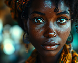 Emotional portrait of African woman with deep-set eyes. African-American person; African female beauty model with intense gaze. Looking at camera.  - obrazy, fototapety, plakaty