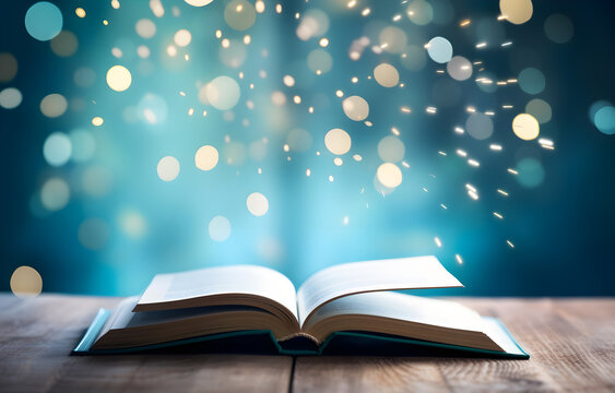 Open book with magic light and glowing letters flying out of it on wooden table against light blue bokeh background