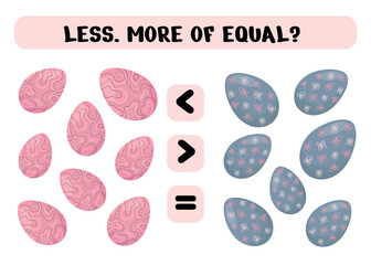 Comparison of objects for kids. More, less with cartoon Easter eggs.Math educational game for children with Easter eggs