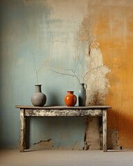 Rustic Wooden Table with Colorful Vases and Distressed Wall Paint