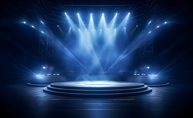 Nightclub scene with spotlights and fog Dark blue stage lights. - obrazy, fototapety, plakaty