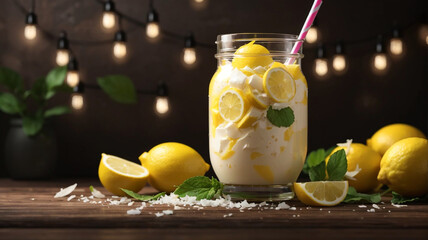 Tropical Zest in a Jar: Summer Lemon Coconut Smoothie Served in Mason Jar - obrazy, fototapety, plakaty