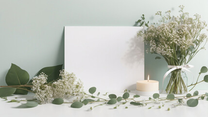 white candle on a wooden table and blank card for text 