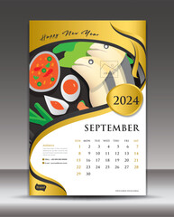 Calendar 2024 template thai food concept vector, August template, Desk Calendar 2024 vector design, Wall calendar 2024 year, printing media, poster, brochure flyer vector, Gold background