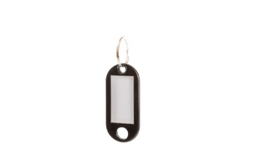 Plastic keychain of different colors with a place for a signature isolated on a white background....