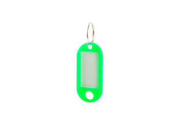 Plastic keychain of different colors with a place for a signature isolated on a white background....