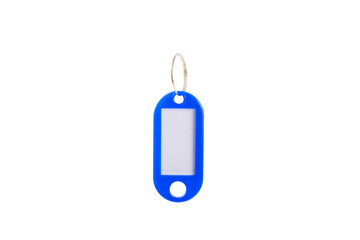 Plastic keychain of different colors with a place for a signature isolated on a white background....