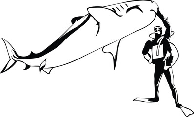Cartoon Black and White Isolated Illustration Vector Of A Scuba Diver Swimming with A Shark