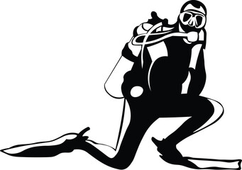 Cartoon Black and White Isolated Illustration Vector Of A Scuba Diver with Mask and Oxygen Tank