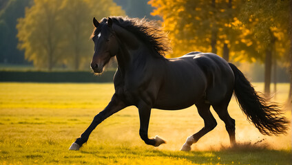 Beautiful dark horse runs in nature energy