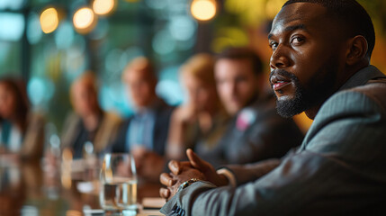 A corporate boardroom meeting with a diverse group including a Black male and a Hispanic female under elegant bokeh lighting