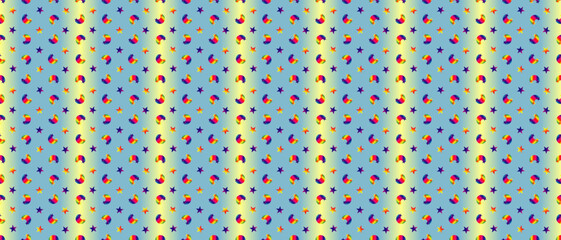 Seamless rainbow pattern of bright stars and rainbows on a gradient yellow-blue background, vector illustration for design