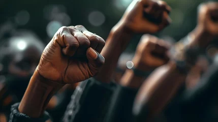 Foto op Plexiglas African American Black people's fist sign of struggle, Struggle, Resistance, Fight or revolt, Black people making Fist in protest, Closeup fist of black man, Anti-racism or social justice protest © Delights